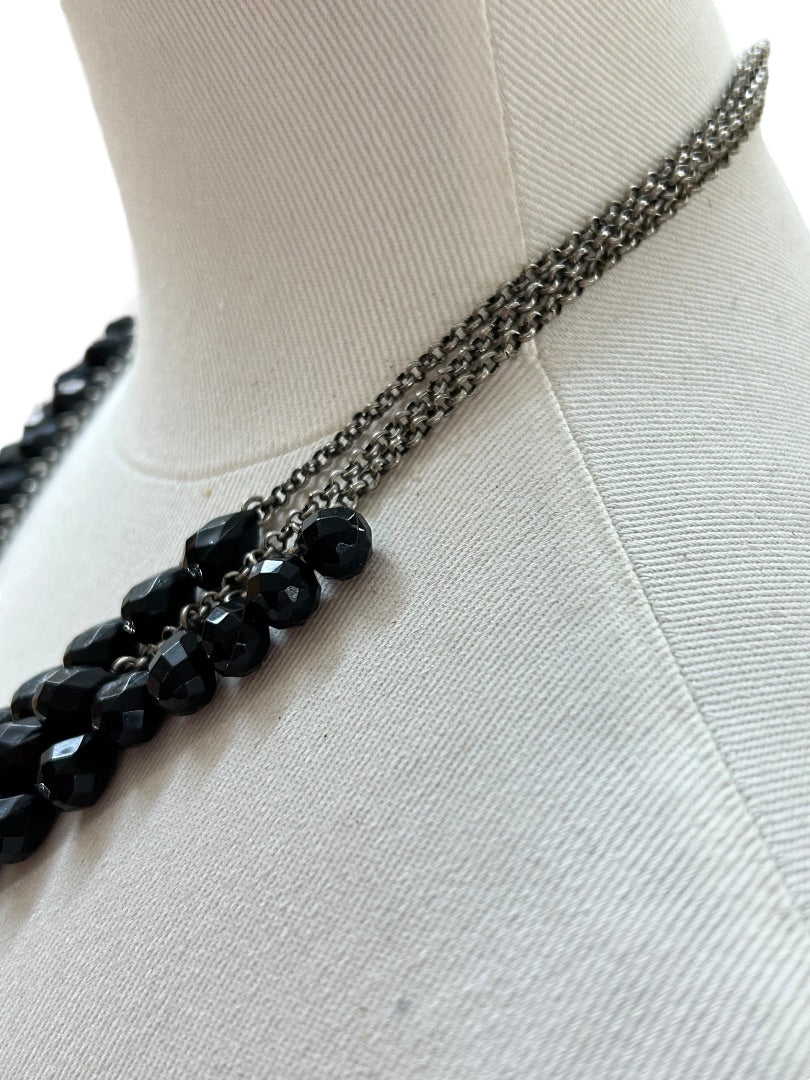 Black and Silvertone 3 Strand Tiered Necklace 20-22 Inch 2.5" Drop