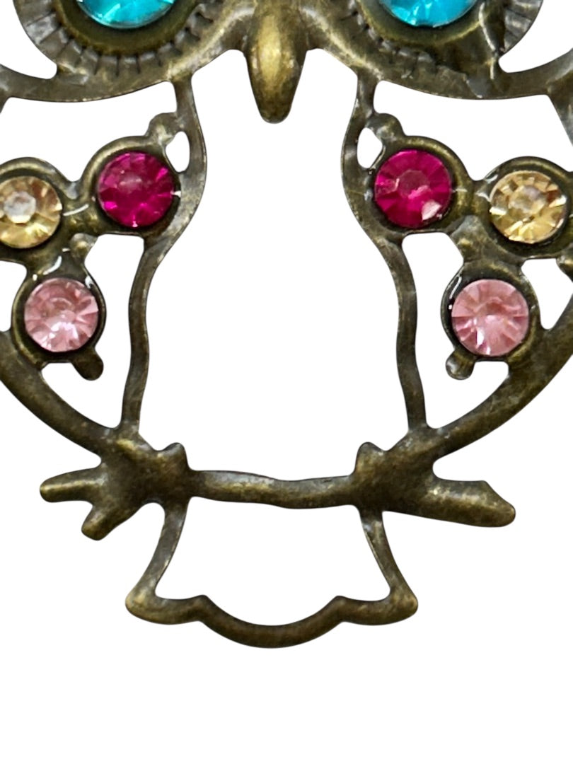 Open Pendant Owl Goldtone Multicolor 2 Inch Teal Red Pink Yellow