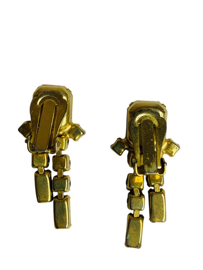 Signed Weiss Amber Crystal Earrings Non-Pierced Clip On 1.25 Inch Drop Vintage