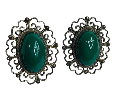 Vintage Clip On Screwback Earrings Green Silvertone Filigree 1.1 Inch