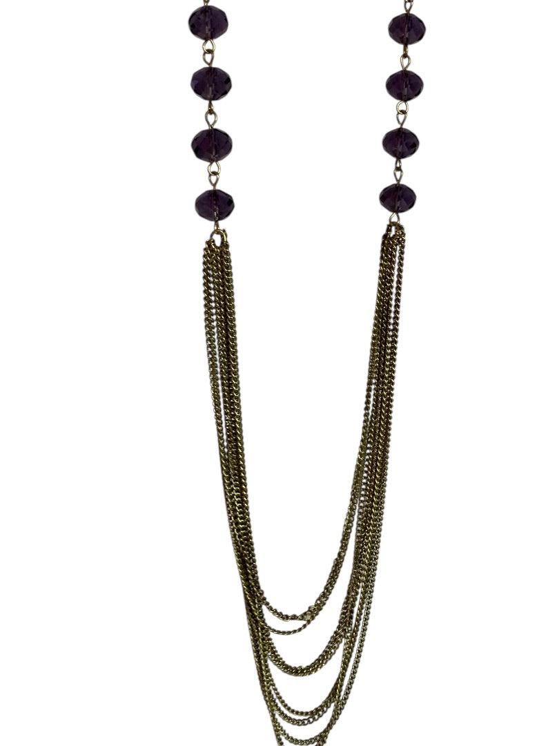 Goldtone Purple Beaded Tiered Necklace Long 32 Inch 5" Drop