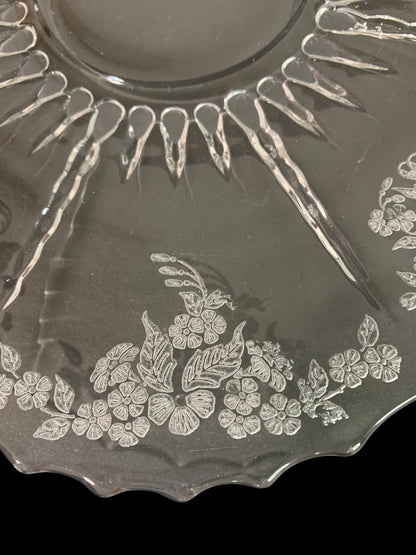 New Martinsville Flower Basket Clear Glass Etched Vintage Platter 12 Inch