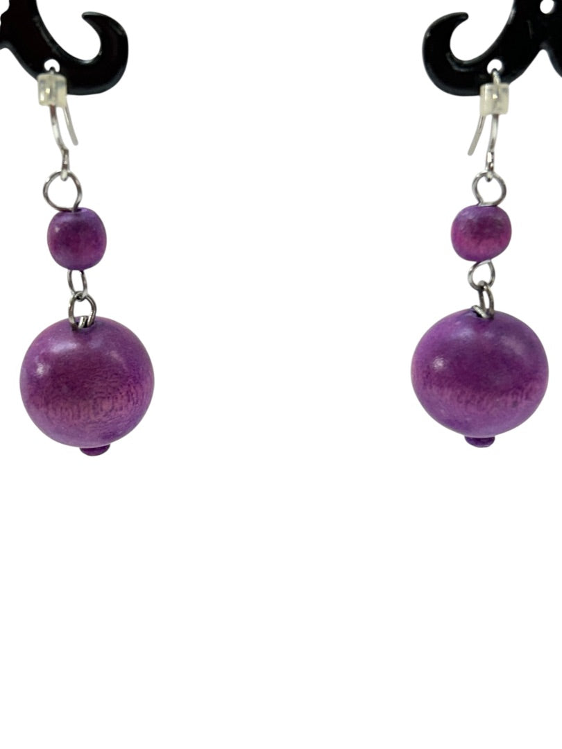 Purple Wooden Beaded Earrings Pierced Fish Hook Silvertone 1.5" Drop