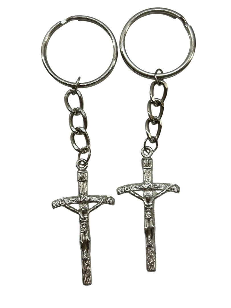 Set of 2 Silvertone Cross Jesus Religious Christian Keychain Key Rings 4.5"