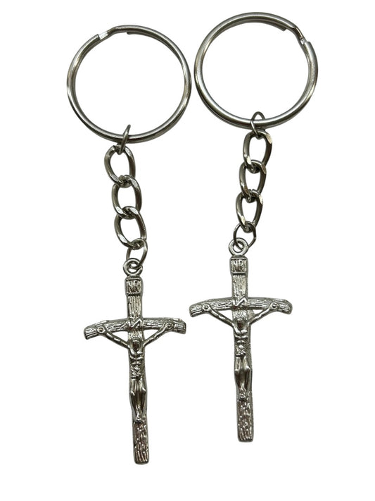 Set of 2 Silvertone Cross Jesus Religious Christian Keychain Key Rings 4.5"