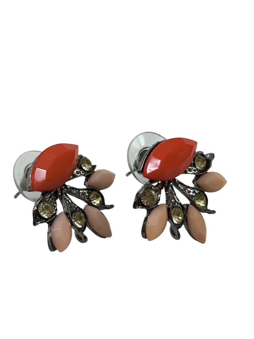 Retro Post Pierced Earrings Coral Pink Pewter Colors .75 Inch