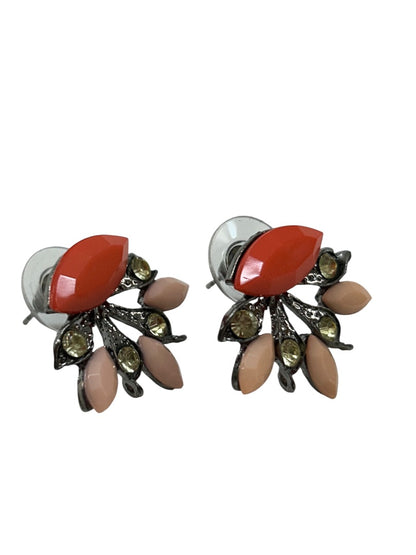 Retro Post Pierced Earrings Coral Pink Pewter Colors .75 Inch