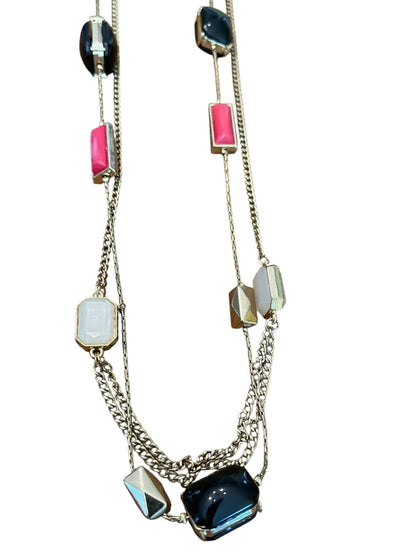 New York & Company 2 Strand Goldtone 37 Inch Beaded Necklace Black White Pink