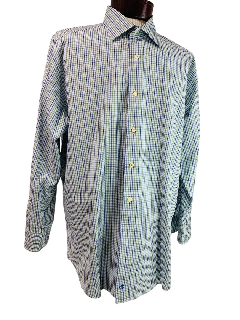 17.5 (32/33) David Donahue Mens Button Up Dress Shirt Plaid Blue Green