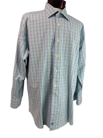 17.5 (32/33) David Donahue Mens Button Up Dress Shirt Plaid Blue Green