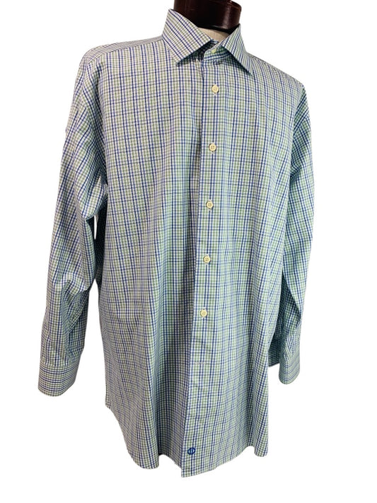 17.5 (32/33) David Donahue Mens Button Up Dress Shirt Plaid Blue Green