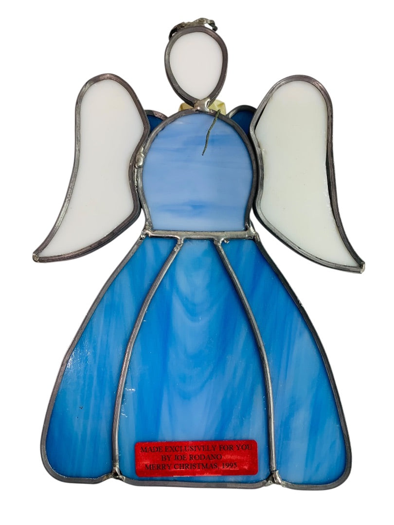 Vintage Stained Glass Angel 6.75 Inch Blue White Hanging