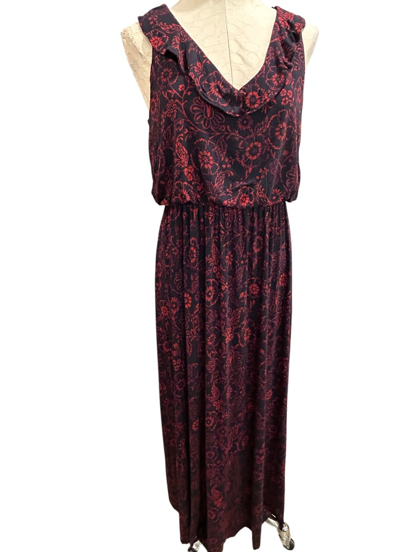 Medium Loft Navy Blue Red Floral V-Neck Tie Back Maxi Dress Soft Knit
