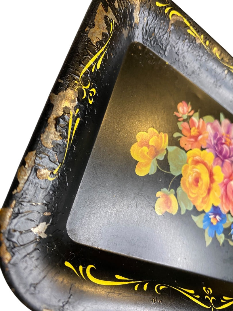 Set of 2 Vintage Toleware Small Metal Bar Trays 6.75" x 4.75" Floral Black