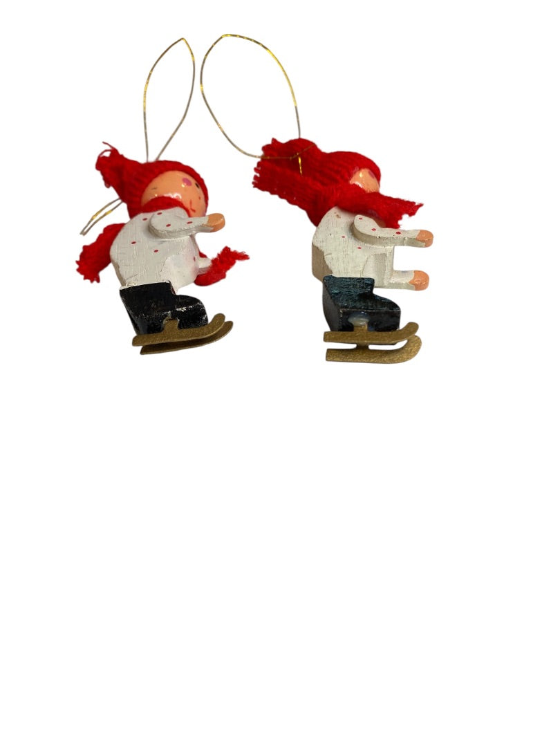 Vintage Wooden Christmas Holiday Ornaments Ice Skaters 3"