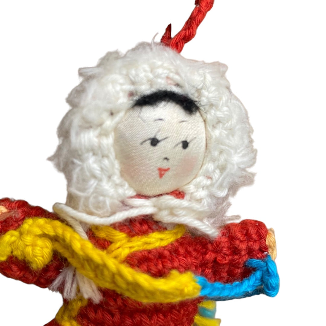Vintage Amigurumi Japanese Crochet Winter Doll 3.25" Silk Face Red