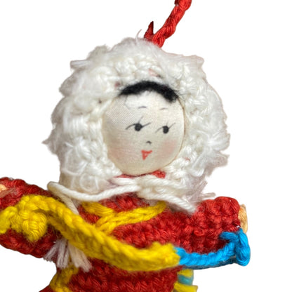 Vintage Amigurumi Japanese Crochet Winter Doll 3.25" Silk Face Red