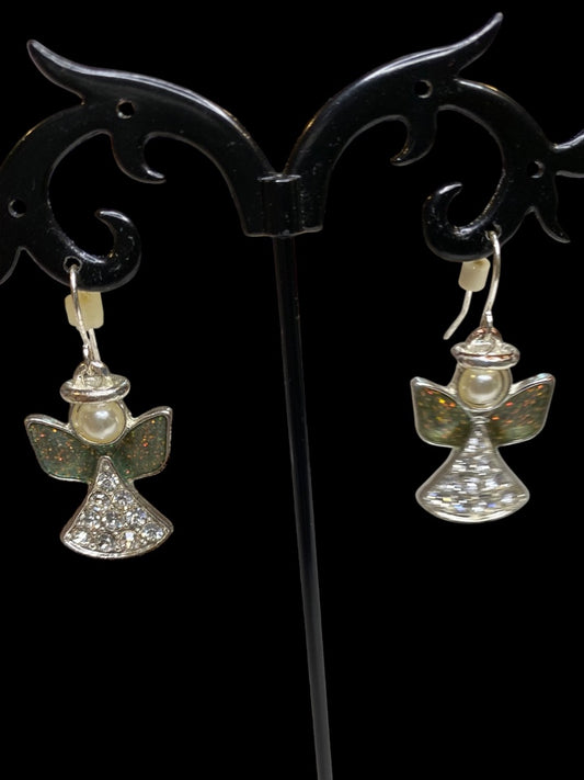 Angel Earrings Fishhook Pierced Silvertone 1.4" Drop Sparkly