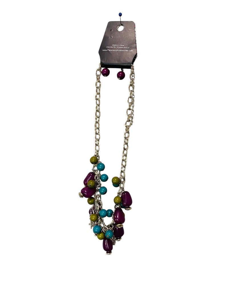 Paparazzi New Silvertone Necklace and Earring Set Purple Teal Chunky 28"