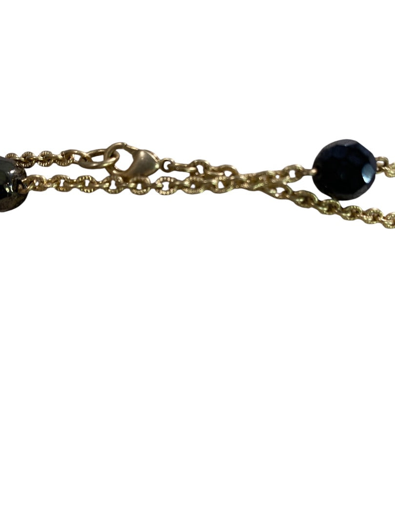 Goldtone Amber Color Black Beaded Necklace Long 70" Lobster Clasp