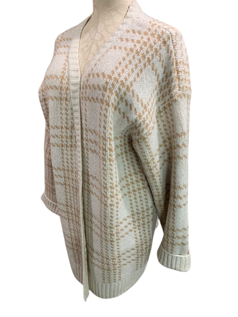 Size 3X Pink Rose Womens Cardigan Sweater Ivory Tan Houndstooth Plaid