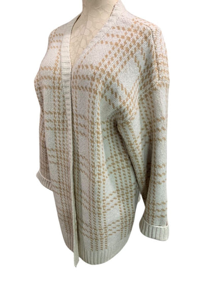 Size 3X Pink Rose Womens Cardigan Sweater Ivory Tan Houndstooth Plaid