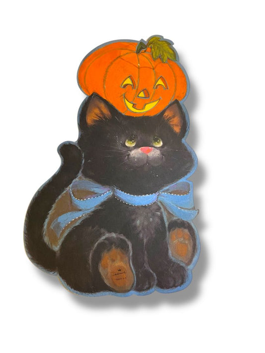 Vintage Hallmark Diecut Halloween Decor Black Cat Pumpkin 14.5" 35HHD 6-6