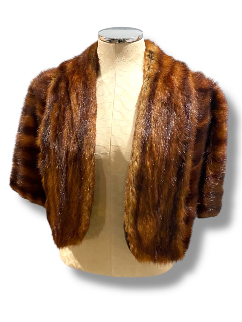 Vintage Brown Mink Fur Cape Shawl Bolero Stole Wrap Let-Out Pelts Striped Midcentury
