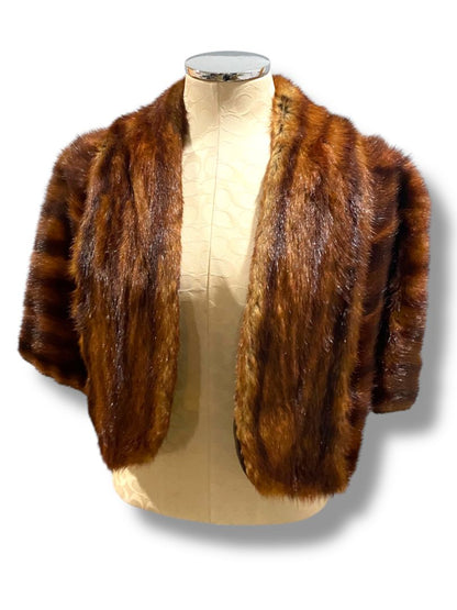Vintage Brown Mink Fur Cape Shawl Bolero Stole Wrap Let-Out Pelts Striped Midcentury