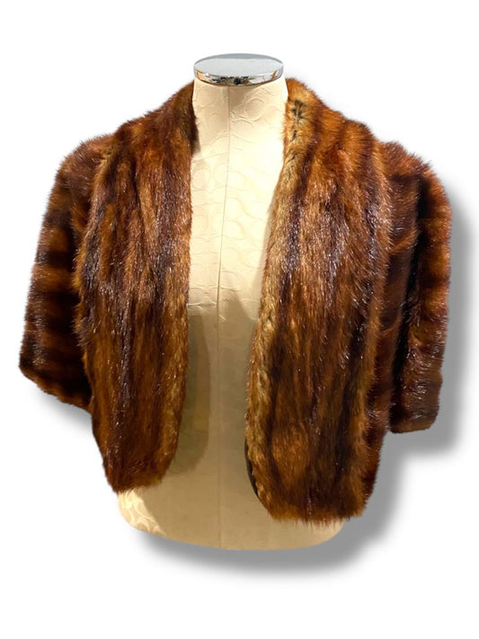 Vintage Brown Mink Fur Cape Shawl Bolero Stole Wrap Let-Out Pelts Striped Midcentury