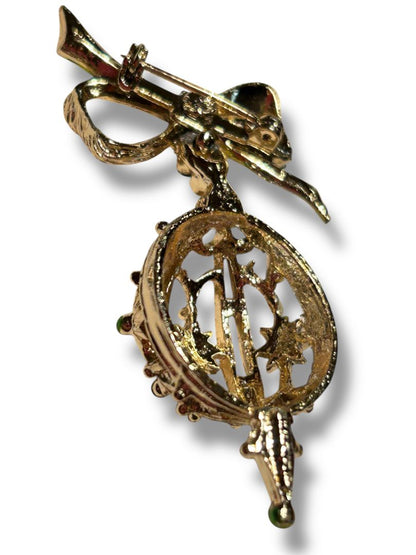 Vintage Goldtone Ornament Ball Brooch Pin 2.25" Green Blue