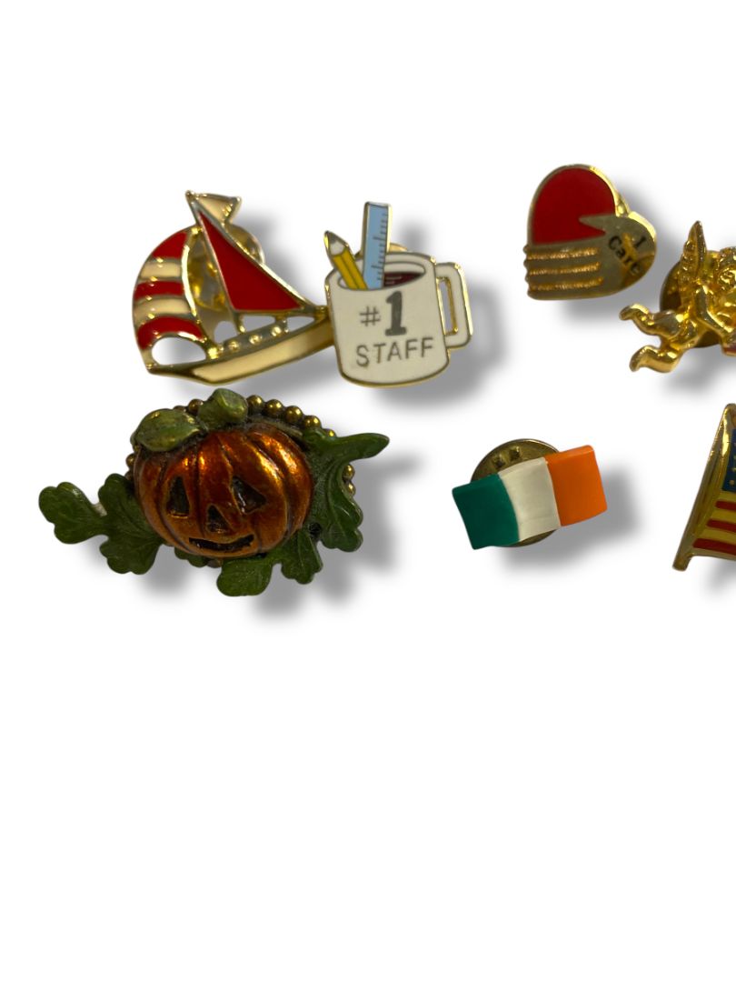 Lot of 7 Lapel Pins USA Ireland Sailboat Fall Cupid Staff Care