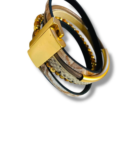 Magnetic Closure Cuff Multi Leather Beaded Bracelet 7.5"