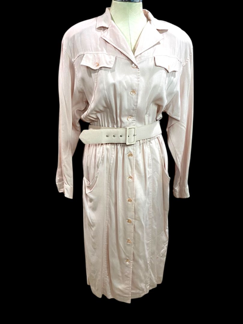 Size 14 Together! Pink Rayon 1980s Dress Belted Button Up