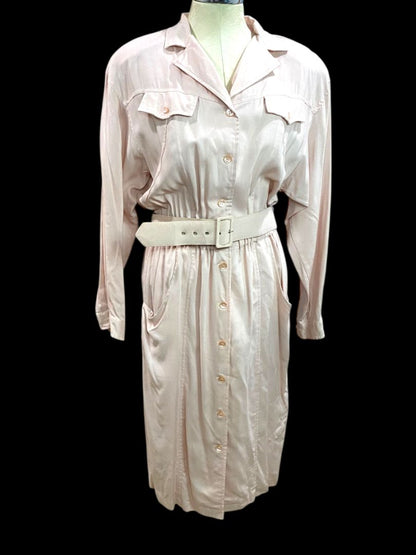 Size 14 Together! Pink Rayon 1980s Dress Belted Button Up