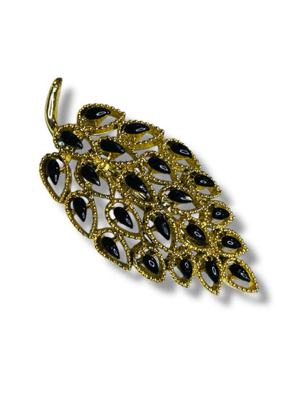 Vintage Signed Gerrys Brooch Pin Leaf Black Insets 2.6"