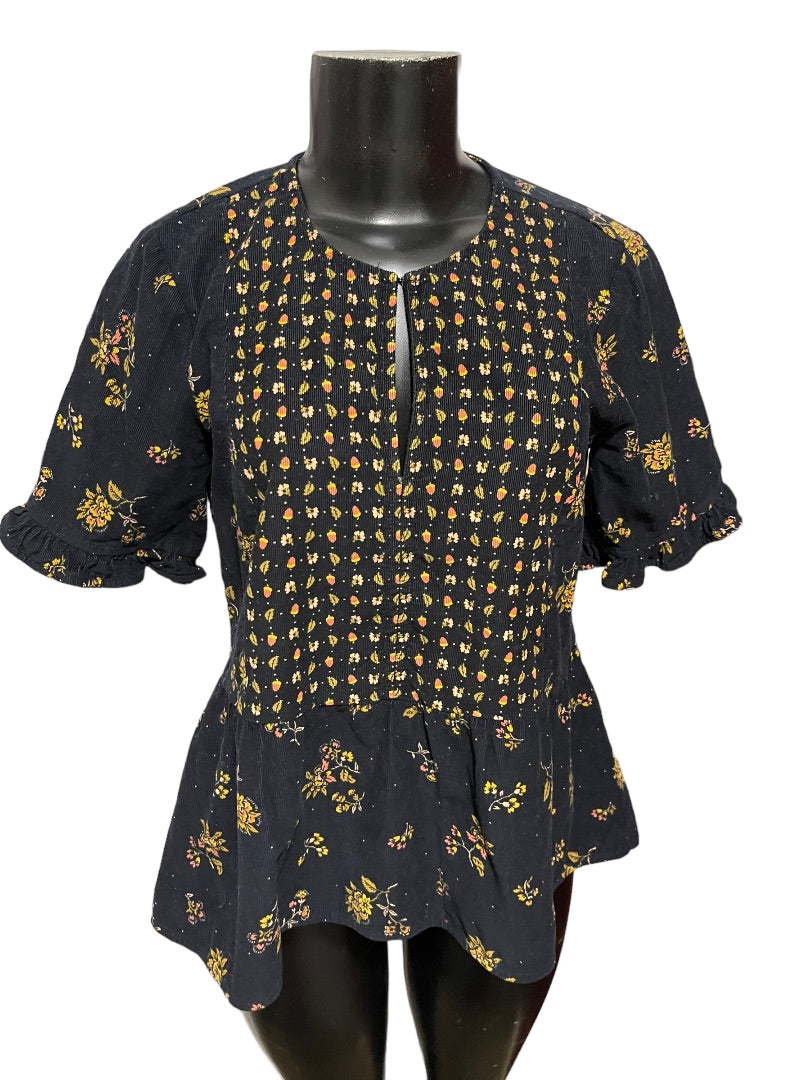 XS Madewell Acorn Foulard Women's Corduroy Peplum Short Sleeve Top Navy Blue