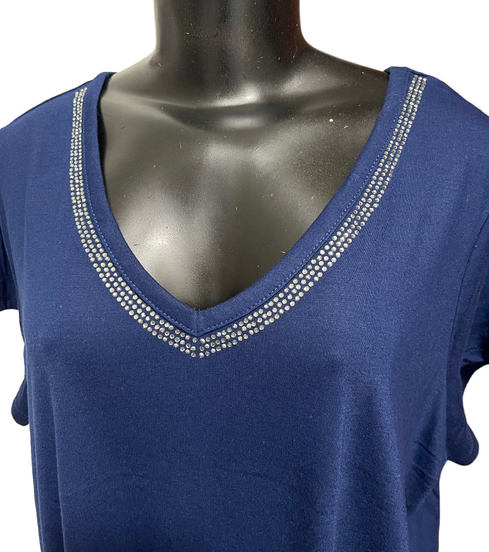 18/20 Avenue Women's V-Neck Crystal Trim Short Sleeve Womens Top Navy Blue