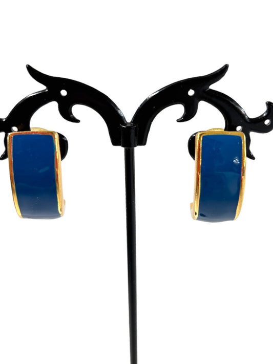 Vintage Post Pierced Demilune Earrings Goldtone Blue Enamel 1980s
