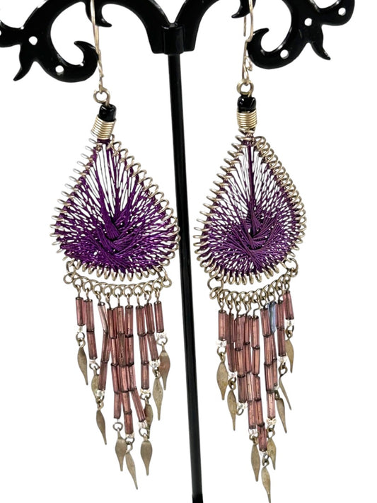 Dreamcatcher Hook Pierced Earrings Purple Silvertone 4.25" Drop Dangle