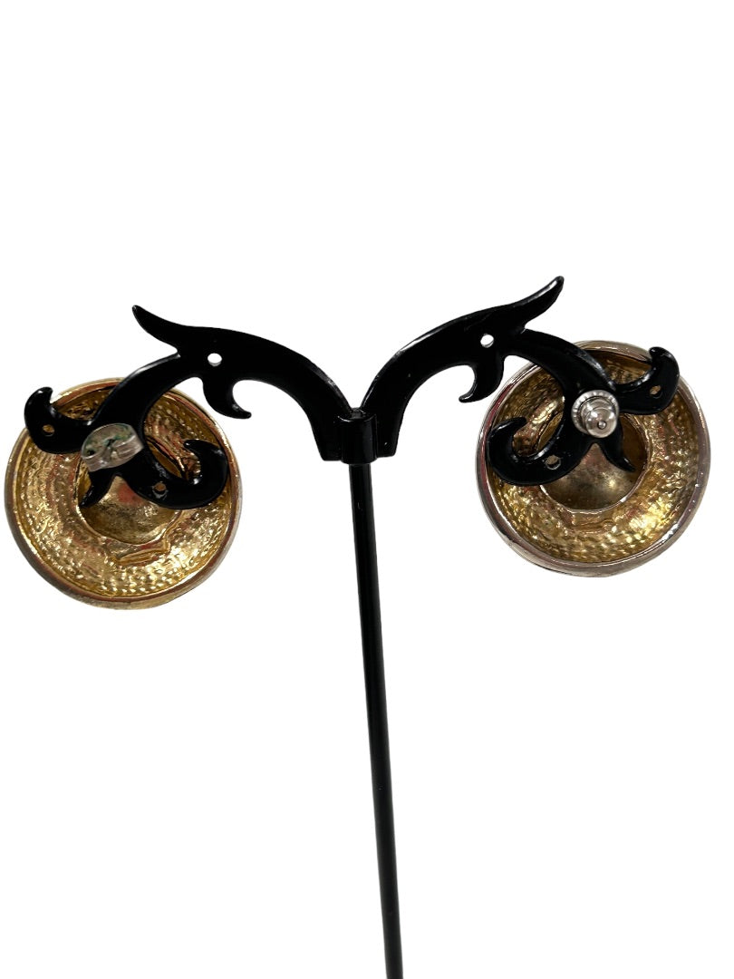 1980s Round Enameled Ivory and Black 1" Diameter Pierced Earrings