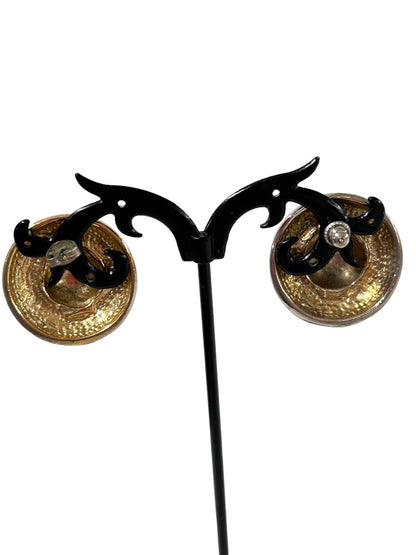 1980s Round Enameled Ivory and Black 1" Diameter Pierced Earrings