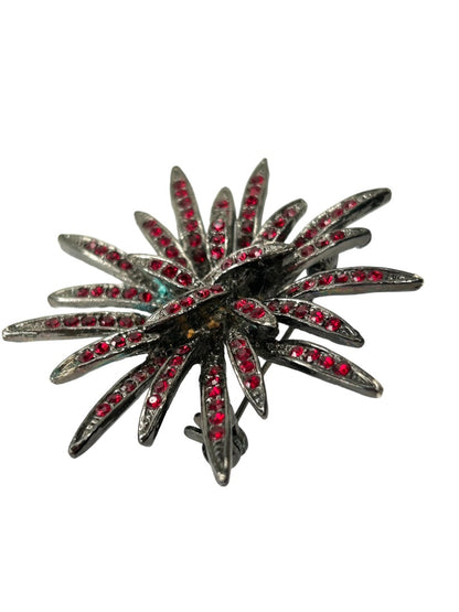 Vintage Red Crystal Silvertone Dramatic Flower Brooch Pin 2" Diameter