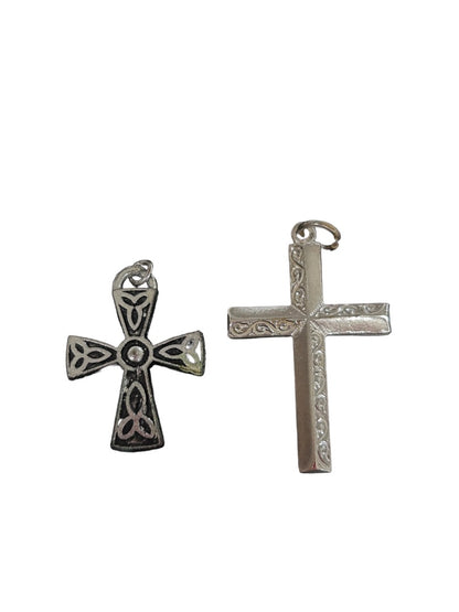 Set of 2 Silvertone Cross Necklace Pendant Charms Textured Ornate Design