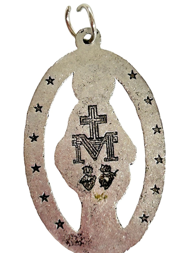 Set of 3 Silvertone Christian Medal Charms Pendants Cross Virgin Mary