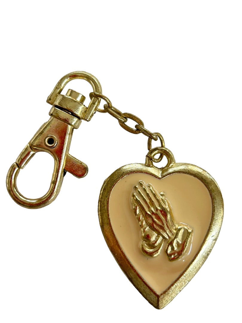 Prayer Hands Key Purse Clip Pendant Heart Goldtone Enameled 1.5"