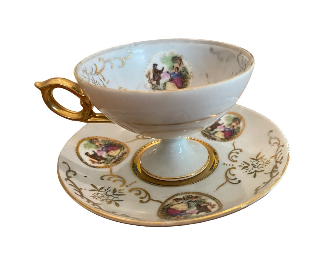 Porcelain with Gold Trim Footed Demitasse Cup and Saucer Set Maruei Courting Couple