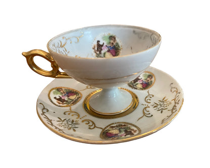 Porcelain with Gold Trim Footed Demitasse Cup and Saucer Set Maruei Courting Couple