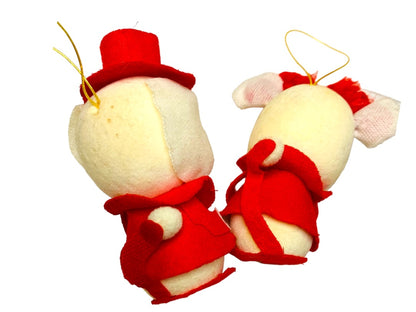 Midcentury Set of 2 Holiday Flocked Christmas Ornaments White Red Dog Mouse 3.5"h