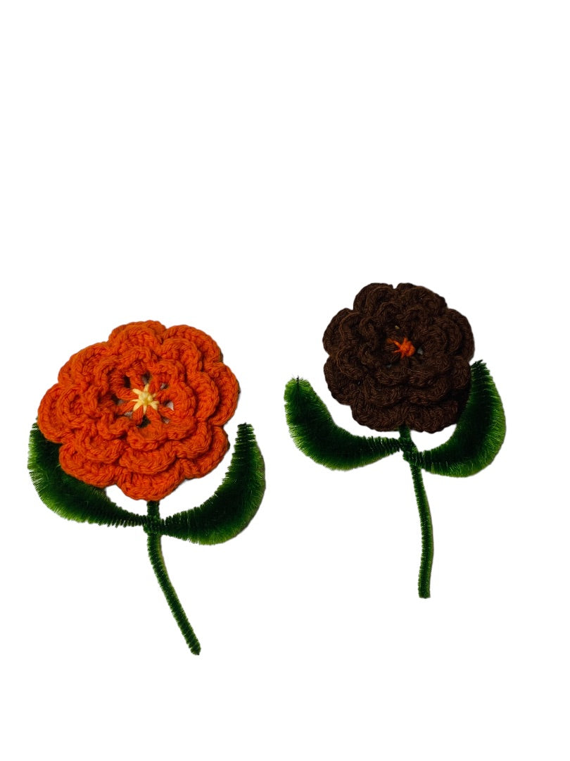 Handmade Vintage 1970s Flower Magnets Orange Brown Crochet Chenille Pipe Cleaner 7"